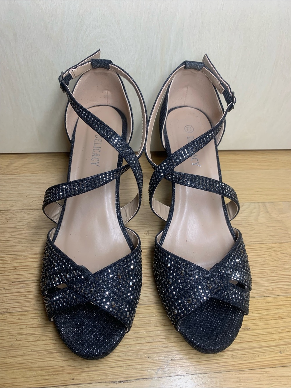 Delicacy Women’s Black Rhinestone Strappy Open Toe Heels | Size 7.5